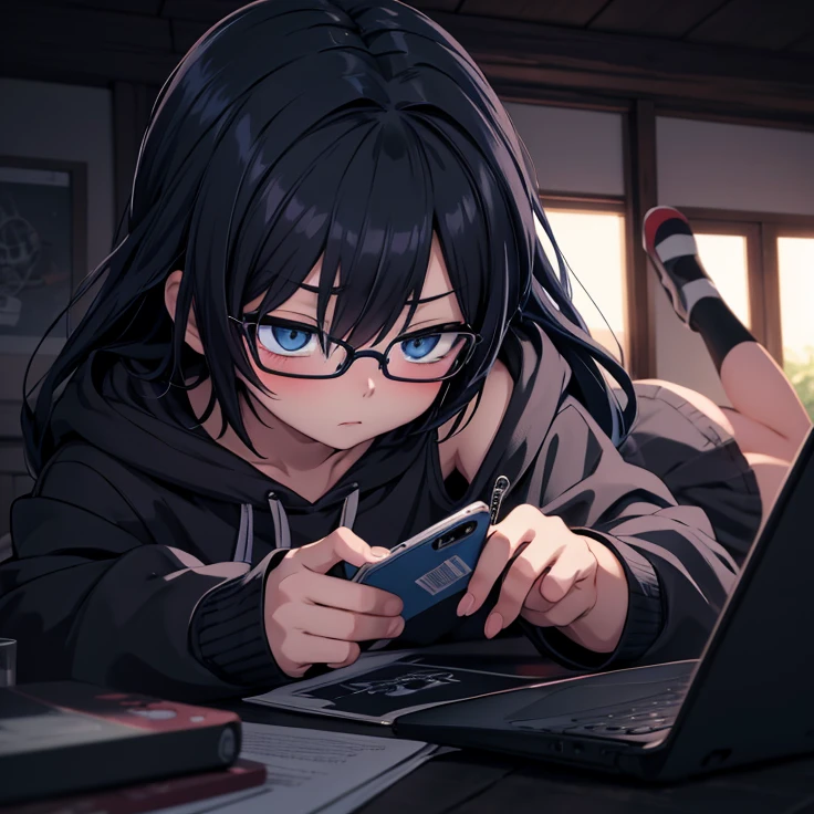 anime boy with blue eyes and black glasses lying in bed and hoodie looking at his phone, artwork in the style of guweiz, anime wallaper, anime picture, 4k anime wallpaper, 4 k manga wallpaper, anime art wallpaper 8 k, anime wallpaper 4k, anime wallpaper 4 k, anime art wallpaper 4 k, anime art wallpaper 4k, hd anime wallaper, digital anime illustration