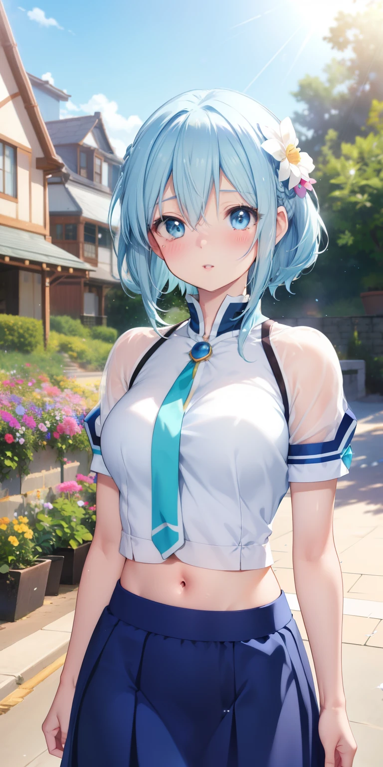 realistic, Aqua Konosuba, light blue hair, blue eyes, bright eyes, cropped top, skirt, parted lips, blush, night, flowers, sun, sunlight.