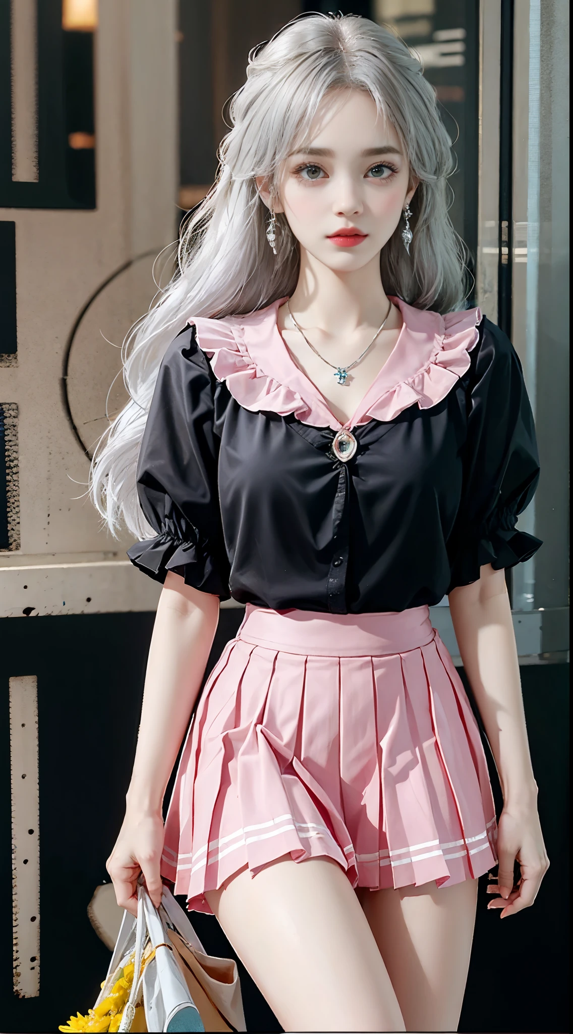 pleated skirt,pink skirt,pink sailor collar,, ((knee shot)), Close up, Outdoor, Waterfront, Urban beautiful girl college student, masterpiece, light makeup, red lips, silver hair, messy long hair, beautiful, elegant. Ultra-fine details, master works, real texture, cinematic lighting realism, perfect work, 8k, HD, exquisite facial features, slim figure, bright big eyes, smooth skin, earrings, necklace, tattoos
