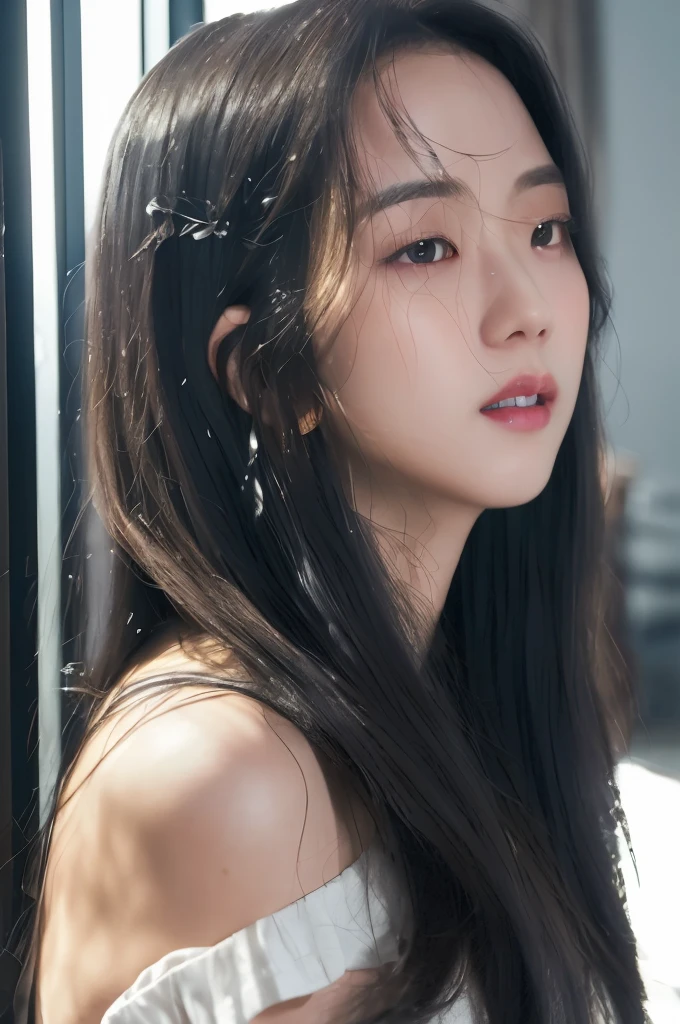 (4k,   best quality, highres:1.2), (realistic, photo-realistic:1.37),  Jisoo, 1girl,  solo, long hair, nose, parted lips , eyes,  facing viewer, looking at viewer,
close-up,  blush , realistic, solo, eyelashes ,makeup,
realistic light, realistic shadow,   [blurry background], eye focus,  [depth of field], professional lighting, photon mapping, radiosity, physically-based rendering, High Detail, masterpiece, F/4.0, 35mm lenront lighting photography:1.5),