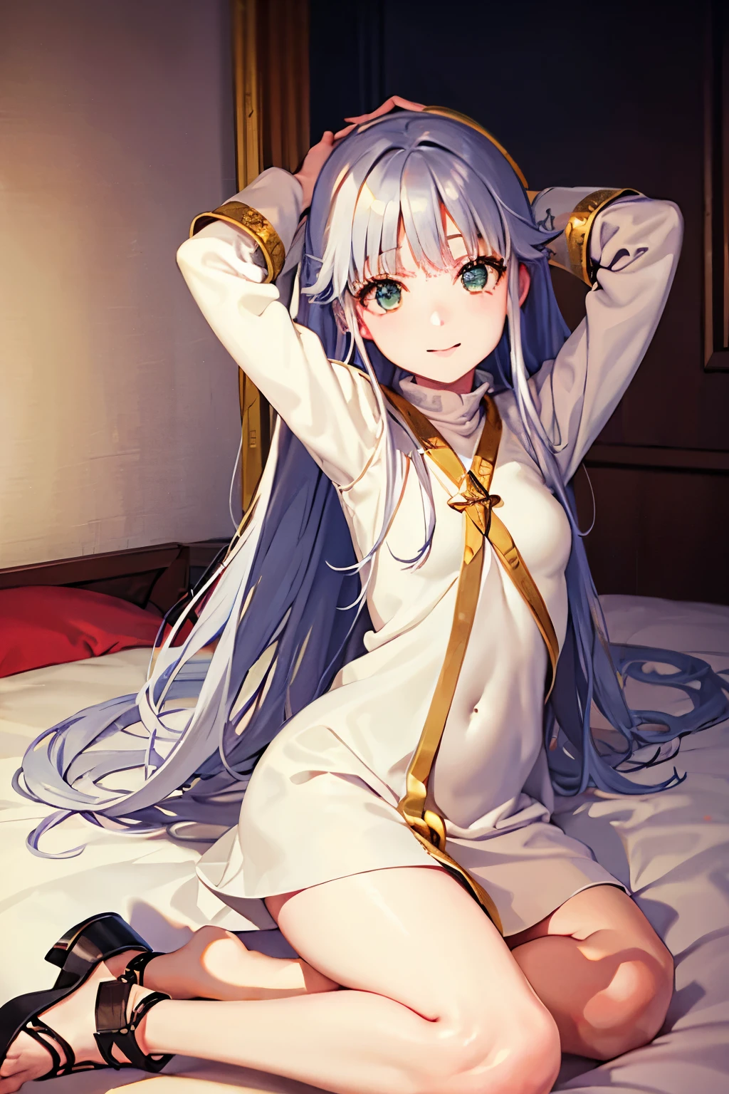 Cabello largo plateado, ojos verdes, petite, black qipao, chinese dress, wolf ears, sonrisa, topless, muslos hermosos, inside house