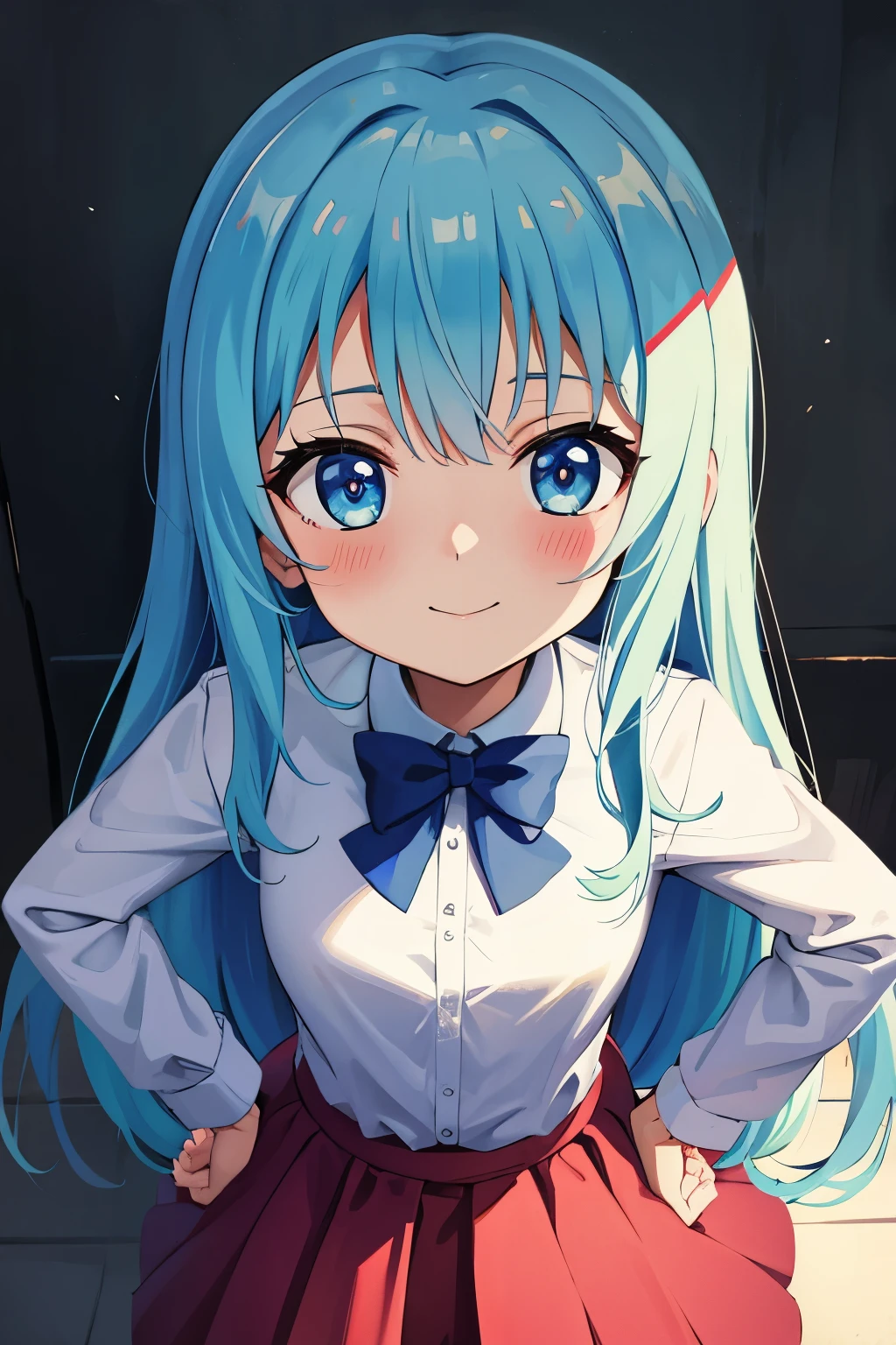 Winters.girl with.light Blue hair.long hair.student clothes.a junior high school student.short stature.a smile.Look at viewers.put hands on the hip.look from above.