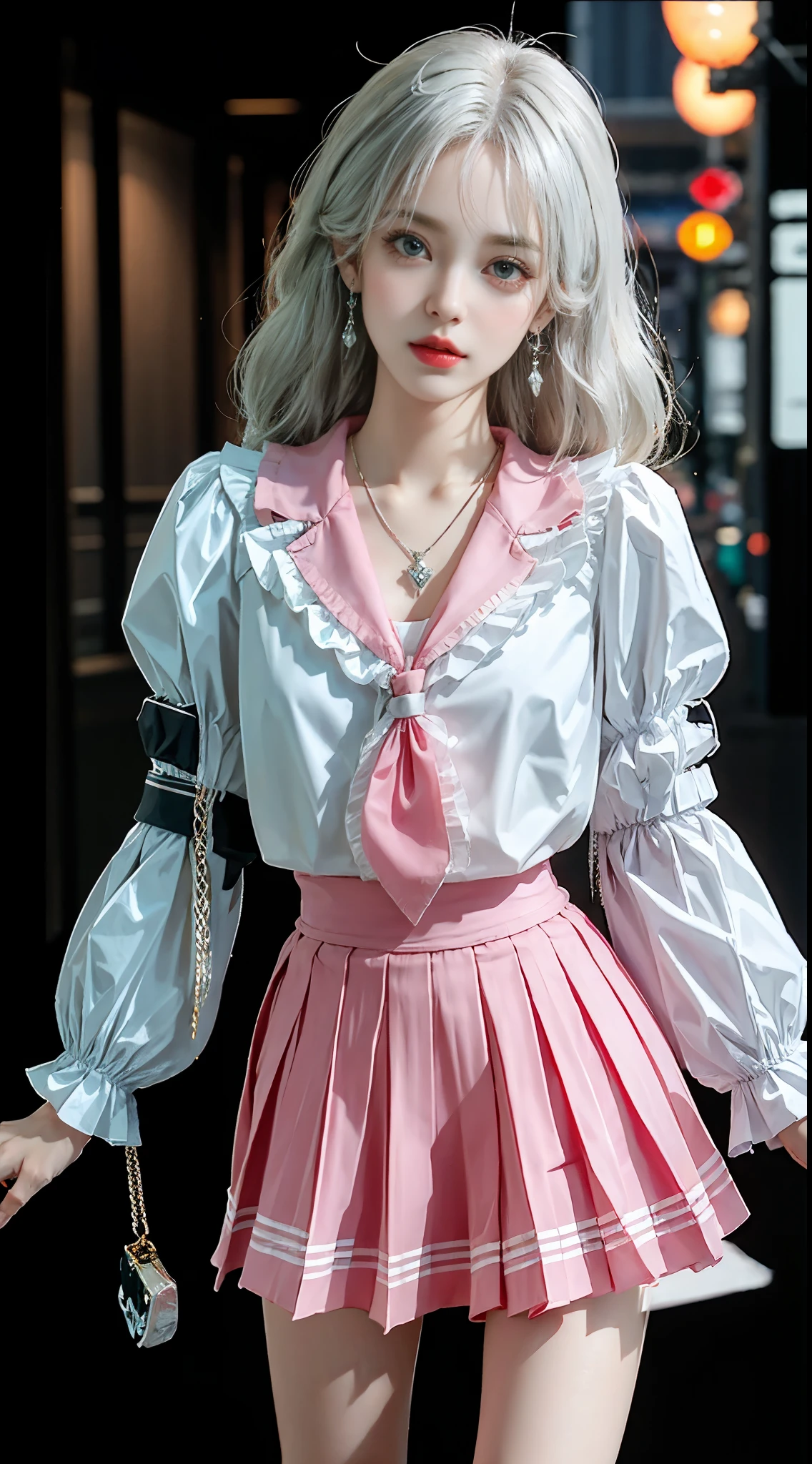 pleated skirt,pink skirt,pink sailor collar,, ((knee shot)), Close up, Outdoor, Waterfront, Urban beautiful girl college student, masterpiece, light makeup, red lips, silver hair, messy long hair, beautiful, elegant. Ultra-fine details, master works, real texture, cinematic lighting realism, perfect work, 8k, HD, exquisite facial features, slim figure, bright big eyes, smooth skin, earrings, necklace, tattoos