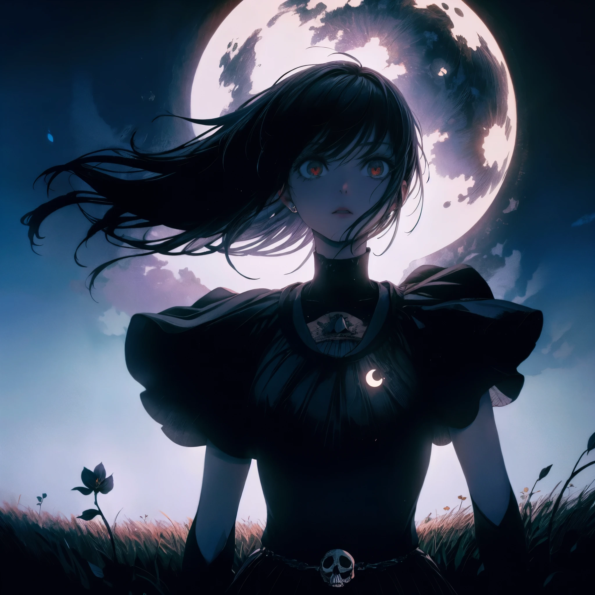 (Kyle Thompson:1.3), anime-style, girl, abandoned park, black roses, death symbol, moonlight, depth, shallow depth of focus, soft focus, cross shadow, photorealistic, contrast, synthesis, medium difference, dramatic, symbolic, eerie, night, moonlit, mysterious, dark, ethereal, haunting, surreal, atmospheric, artistic.