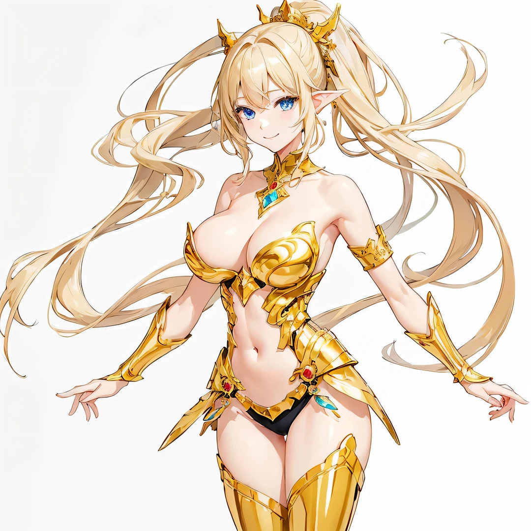 masterpiece、top-quality、ighly detailed、hight resolution、16k、fullnude、teats、Teetoob proportions、elvishの女の子、golden armour、Very thin skirt、Black pants、Very white skin、Beautiful fingers、Anime girl with very big breasts posing naked、Perfect Style、elvish、no-bra、Blonde blue-eyed、A smile、slim the contours