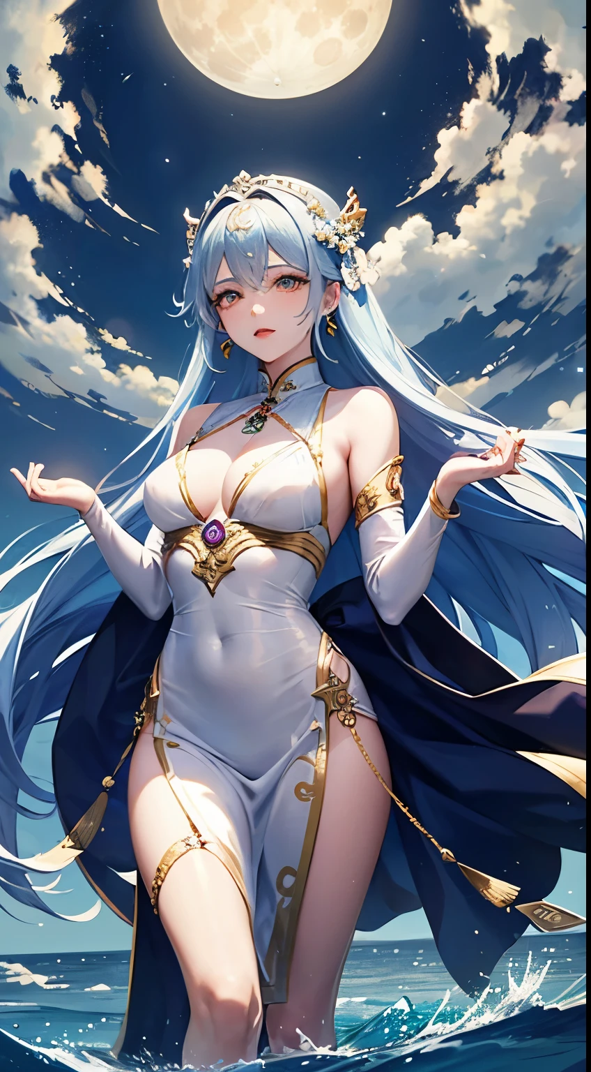 The pure white girl is icy and jade-free. The goddess has long hair and long hair. She is wearing silk and metal jewelry. The elegant scene is set with a bright moon on the sea.，Tianya Gong is now wearing a garland on her head, and the dreamy wind is blowing her clothes