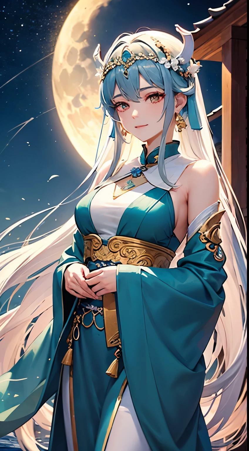 The pure white girl is icy and jade-free. The goddess has long hair and long hair. She is wearing silk and metal jewelry. The elegant scene is set with a bright moon on the sea.，Tianya Gong is now wearing a garland on her head, and the dreamy wind is blowing her clothes