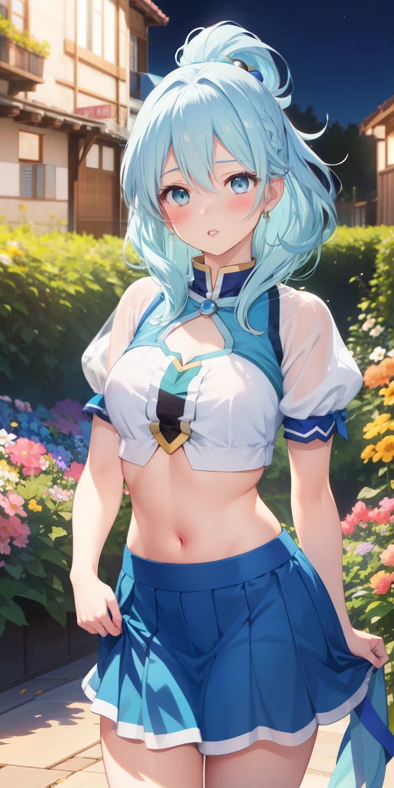 realistic, Aqua Konosuba, light blue hair, blue eyes, bright eyes, cropped top, skirt, parted lips, blush, night, flowers, sun, sunlight.