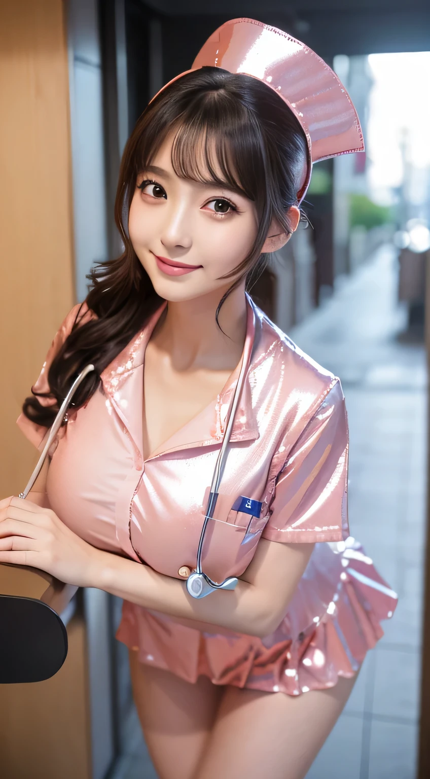 (1人の女性、japanes、22year old、Refreshing、Unclear、Gentle、Stylish、attractive narrow eyes、wretched、天使のようにcute little、cute little、Slightly Chubby、Black eyes、Idol,女優、Colossal tits,Sagging milk),(large drooping breasts).(Very cute)、(A dark-haired),mesmerizing eyes、(in 8K、Raw photography、top-quality、masutepiece:1.2、optimal lighting)、masutepiece,(Photos taken by a professional photographer),(realisitic、フォトrealisitic:1.37),BREAK,,(Nurse Cosplay), ,( pink shiny glossy textured nurse uniform:1.4),(Nurse Costume),(Short mini skirt),(Clothes with holes that show cleavage), (short-cut), Squatting,Dynamic Angle,Shy smile