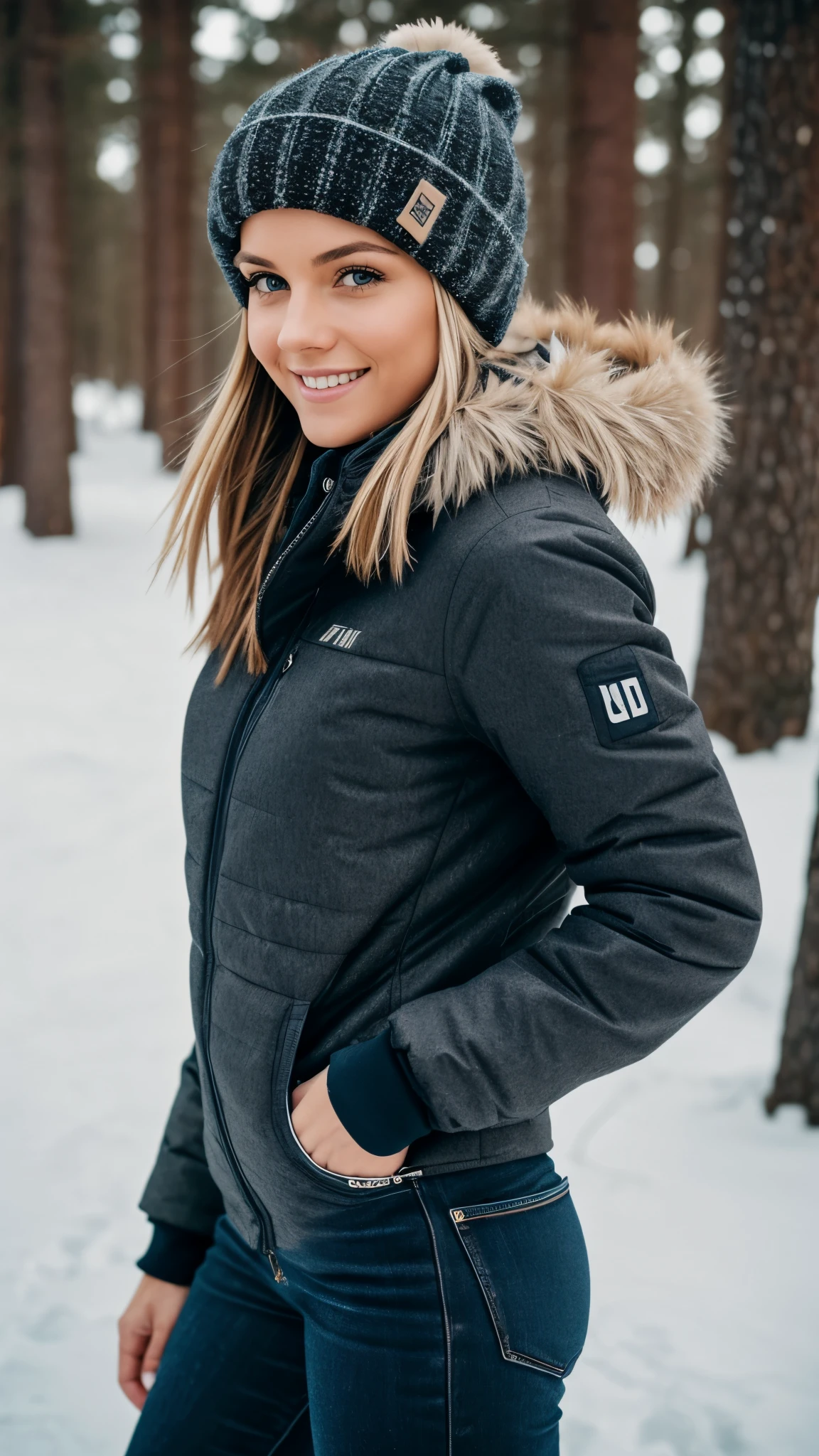 realistic body shot photo of a swedish smiling woman walking in front of the camera wearing a sporty winter clothes.Winter. glamour photoshoot, Snow, perfect butt, beautiful face, perfect anatomy, fit girl, looking into the camera, strong hip:1.2, wide hip:1.3, 18 yo woman. (Eye makeup:1.1), (highly detailed skin:1.1), RAW, analog style, sharp focus, 8k UHD, DSLR, high quality, Fujifilm XT3, grain, award winning, masterpiece.