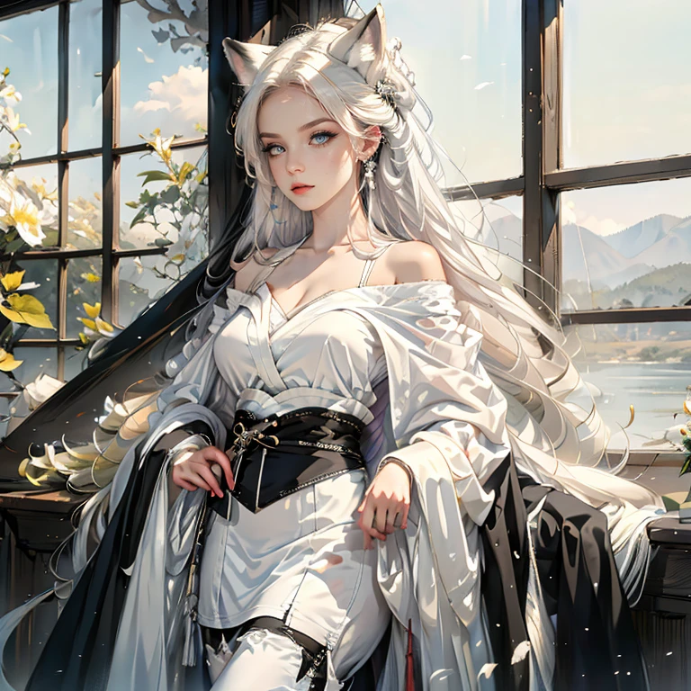 8k, resolution, high quality, high resolution, best quality, best resolution, absurd resolution, ray tracing, high detailed, masterpiece, shoulder length white hair, female,white 2 wolf ears, age girl, slim body, white scale dragon tail,black boots,black leggings, maid outfit, white jacket, medium size chest, detailed blue eyes, detailed beautiful face,solo female,1 dragon tail, detailed eyes
