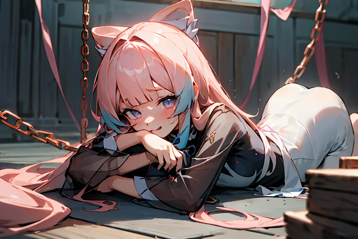 ((tmasterpiece)), hyper HD, 凌乱的the hair, (expose a little, Elongated, Shyness blush), (Tethered to a steel chain like a pet, heavy), ctextured skin, the hair, sexy and beautiful, kneels on the ground, Dirty basement,tiny faeries,The clothes are little,see-through transparent clotheace to the viewer,Stick out your tongue like a pet,像狗一样kneels on the ground,Whole body diagram