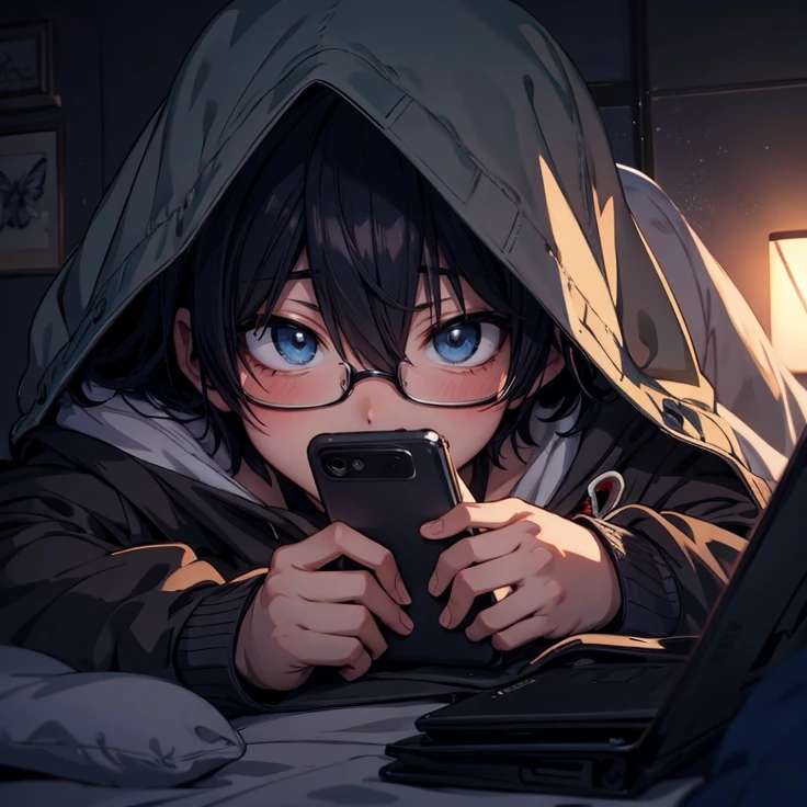 anime boy with blue eyes and black glasses lying in bed and hoodie looking at his phone, artwork in the style of guweiz, anime wallaper, anime picture, 4k anime wallpaper, 4 k manga wallpaper, anime art wallpaper 8 k, anime wallpaper 4k, anime wallpaper 4 k, anime art wallpaper 4 k, anime art wallpaper 4k, hd anime wallaper, digital anime illustration