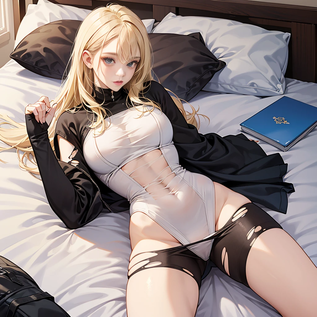 Look at this, Attractive blonde young woman, torn underdressing almost like a scrap, bigger, skin tight, soft looking bigger, Crotch Spread Wide, The shape of the tip can be seen, ssee-through, Dantian is clearly visible, underdressing, Lie down in bed