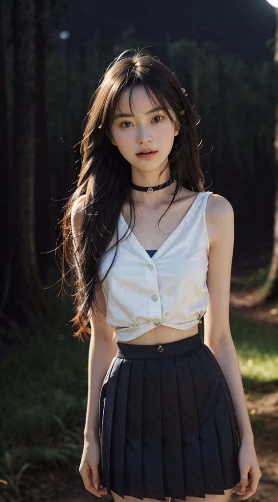 (Long hair, Flutter strongly in the wind:1.8), best quality, 8K, HDR, highres, absurdres:1.2, blurry background, bokeh:1.2, Photography, (RAW photo:1.2), (photorealistic:1.4), (masterpiece:1.3), (intricate details:1.2), 1girl, solo, japanese girl, delicate, (de pele branca:1.5), (beautiful detailed:1.5), (detailed eyes:1.5), (detailed facial features), petiarge breasts, Firm breasts:1.8), skin tight, (looking_at_viewer), from_front, (skinny), (best quality:1.4), (ultra highres:1.2), cinema light, (extreme detailed photo), (lipgloss, best quality, ultra highres, depth of field, caustics, Broad lighting, natural shading, 85mm, f/1.4, ISO 200, 1/160s:0.75),1girl, solo, (Forcing smile:0.7), (school uniform, White Blouse:1.9), ((Wide black choker, silk)), (Slender:2), (thin body, thin waist, Thin arms, thin neck, thin shoulders:2), (Sloping shoulders:1.8), (In the deep forest:1.8), ((the woods, There is no way)), ((Covered with deep forest)), (Pitch black night:2), (natta ,No Lighting, No light:2)