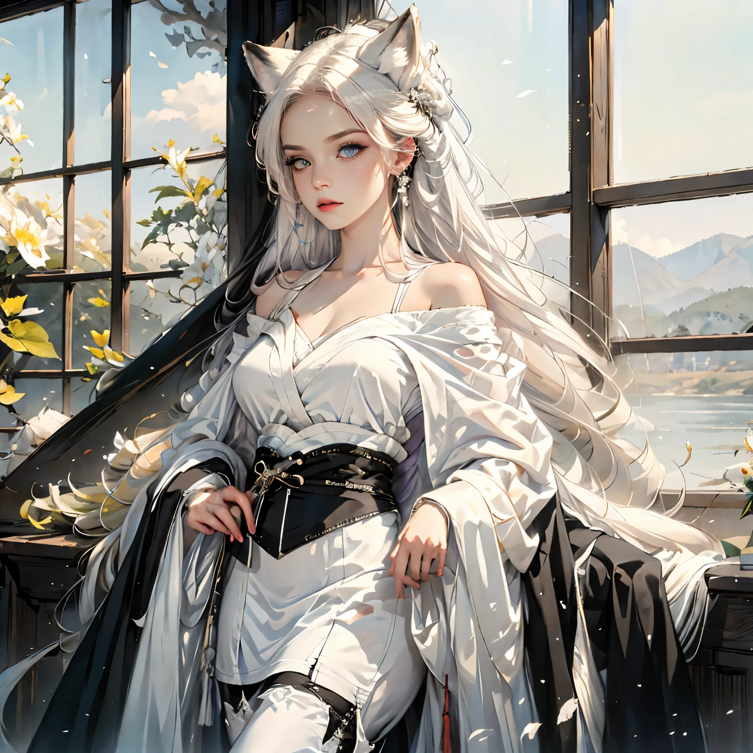 8k, resolution, high quality, high resolution, best quality, best resolution, absurd resolution, ray tracing, high detailed, masterpiece, shoulder length white hair, female,white 2 wolf ears, teenage girl, slim body, white scale dragon tail,black boots,black leggings, maid outfit, white jacket, medium size chest, detailed blue eyes, detailed beautiful face,solo female,1 dragon tail, detailed eyes