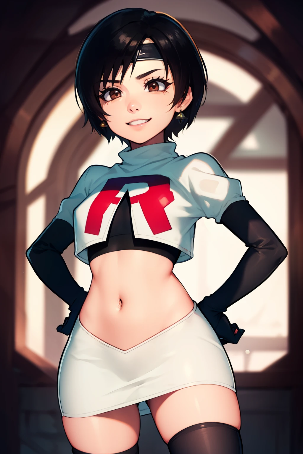 yuffie kisaragi, (black hair:1.5), (brown eyes:1.7), short hair, pixie cut, forehead protector, headband ,glossy lips, light makeup, eye shadow, earrings ,team rocket,team rocket uniform, red letter R, white skirt,white crop top,black thigh-high boots, black elbow gloves,evil smile,  hands on hips