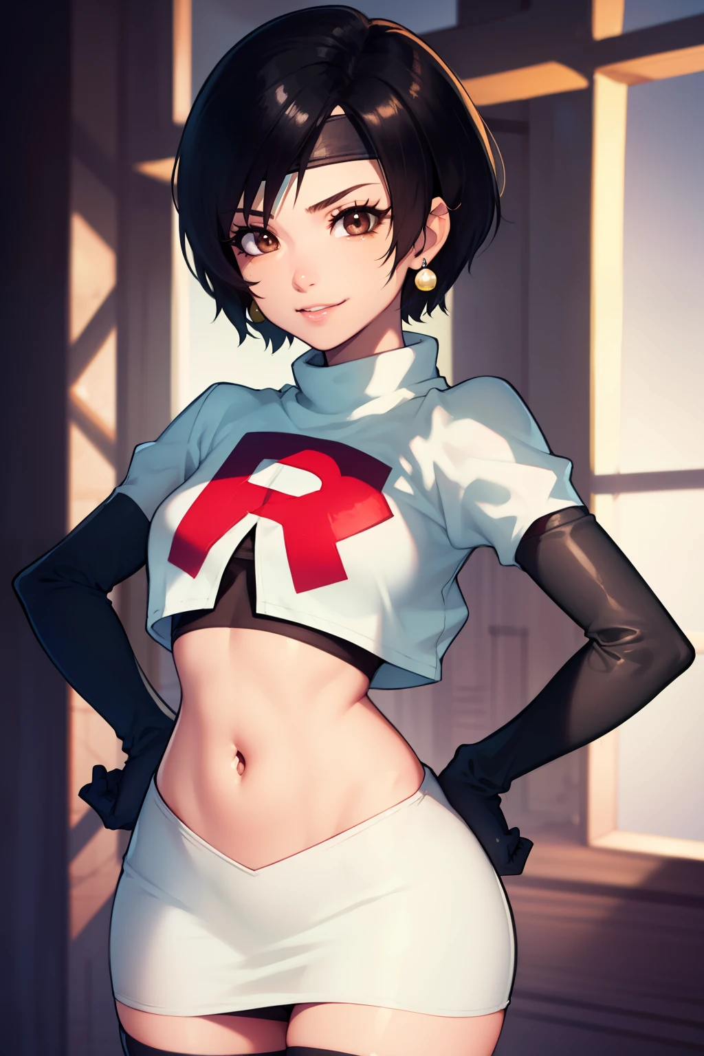 yuffie kisaragi, (black hair:1.5), (brown eyes:1.7), short hair, pixie cut, forehead protector, headband ,glossy lips, light makeup, eye shadow, earrings ,team rocket,team rocket uniform, red letter R, white skirt,white crop top,black thigh-high boots, black elbow gloves,evil smile,  hands on hips