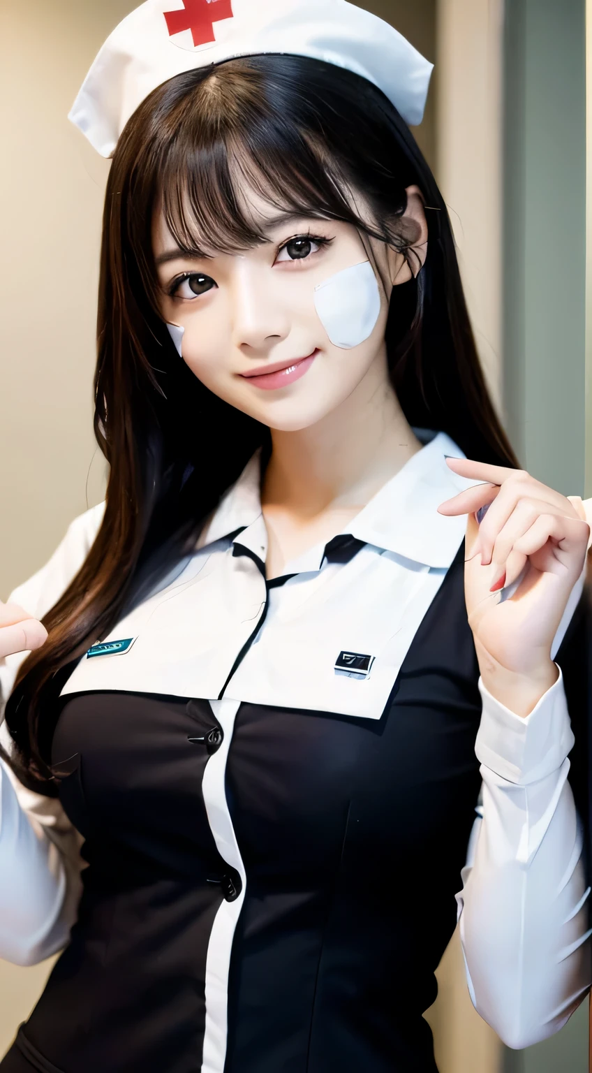 (1人の女性、japanes、22year old、Refreshing、Unclear、Gentle、Stylish、attractive narrow eyes、wretched、天使のようにCute little、Cute little、Cute、、Black eyes、Idol,女優,Sagging milk）,(large drooping breasts).(very Cute)、(A dark-haired),mesmerizing eyes、(in 8K、Raw photography、top-quality、​masutepiece:1.2、optimal lighting)、masutepiece,(Photos taken by a professional photographer),(realisitic、フォトrealisitic:1.37),BREAK,(Nurse Cosplay), ,( Shiny glossy textured nurse uniform),(Nurse Costume),PAW Pose,Dynamic Angle,Happy smile