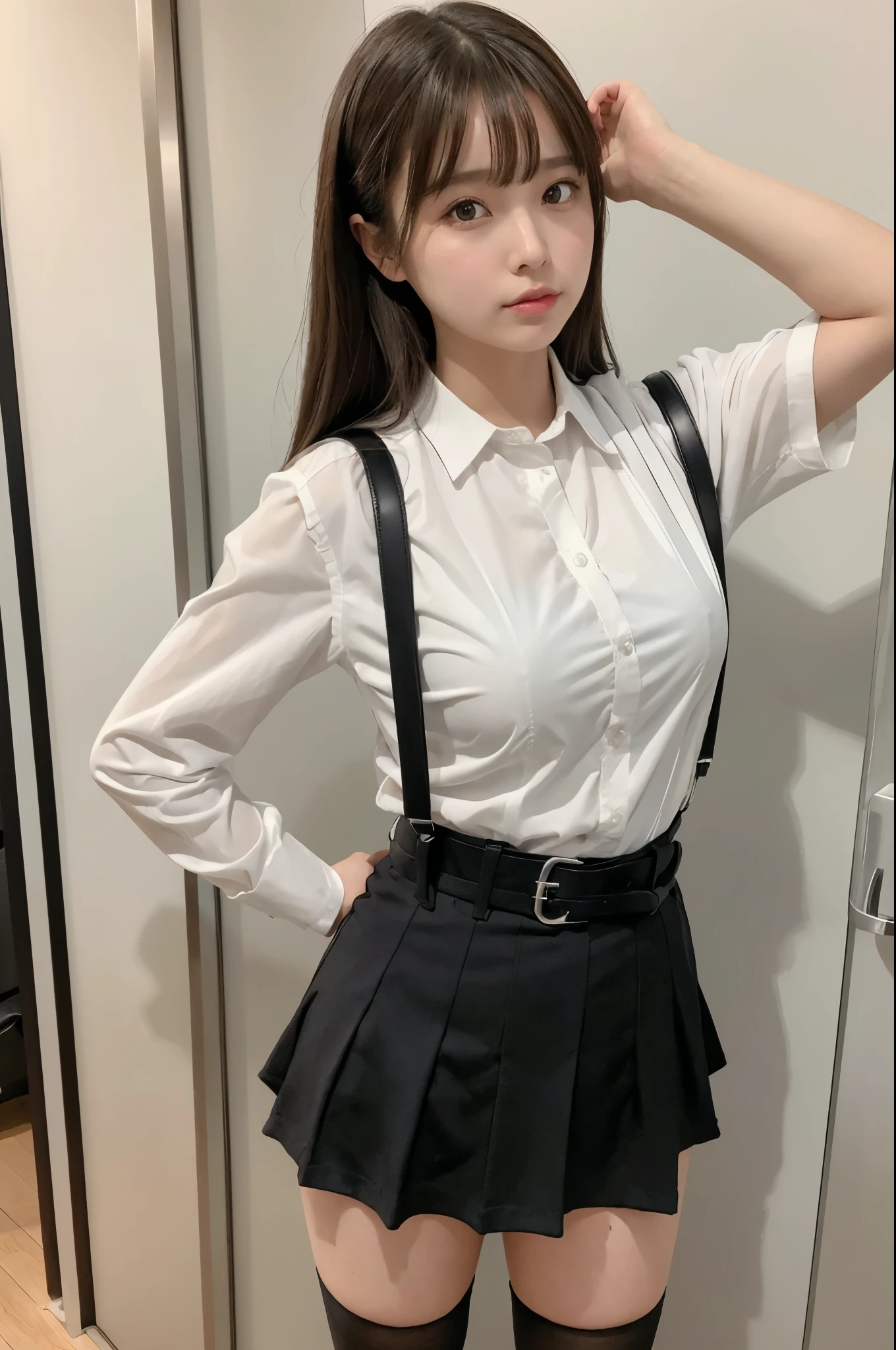 Brown hair、watching at viewers suspenders big breasts Black miniskirt garterbelts knee high socks Gaze Small face bangss Beautuful Women hands up Gaze Black boots Armpit sweat soio Fold your hands behind your back Belt Shirt teats