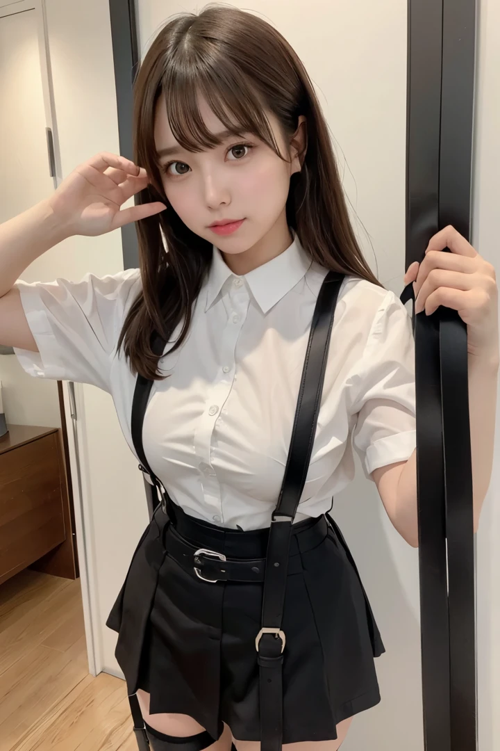 Brown hair、watching at viewers suspenders big breasts Black miniskirt garterbelts knee high socks Gaze Small face bangss Beautuful Women hands up Gaze Black boots Armpit sweat soio Fold your hands behind your back Belt Shirt teats