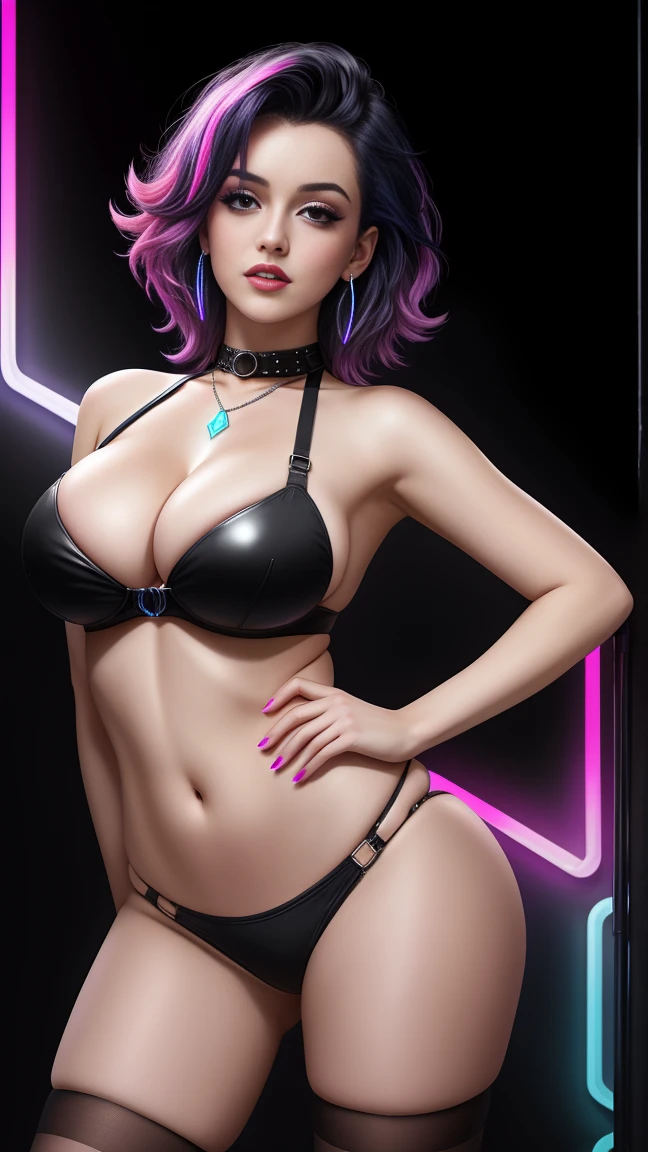 there is Marilyn Monroe standing, royal blue and bright purple neon streaked hair, 3 d neon art of a womans body, neon-noir background, cyberpunk femme fatale, seductive cyberpunk dark fantasy, cyberpunk strip clubs, cyberpunk 20 y. o model girl, oppai cyberpunk, banner, high definition cgsociety, cgsociety masterpiece, trending on cgstation, kda, random hair, looking at camera, gigantic breasts, cleavage, (high detailed skin:1.2), 8k uhd, dslr, super lighting, high quality, film grain, high res, highly detailed, hyper realistic, beautiful face, beautiful body, beautiful eyes nose lips, alluring expression, very bold, upper boobs visible, full body photo, standing legs apart, pale translucent glowing skin, most beautiful face, cute, (well defined pubic hair:1.2)), (dark plain black background:1.4))