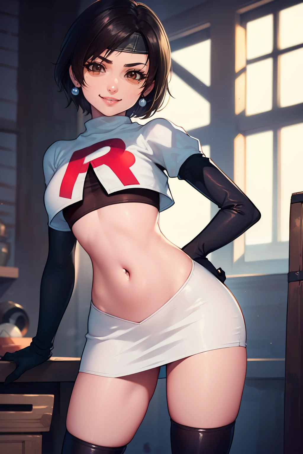 yuffie kisaragi, (black hair:1.5), (brown eyes:1.7), short hair, pixie cut, forehead protector, headband ,glossy lips, light makeup, eye shadow, earrings ,team rocket,team rocket uniform, red letter R, white skirt,white crop top,black thigh-high boots, black elbow gloves,evil smile,  sexy pose