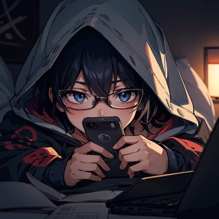 anime boy with blue eyes and black glasses lying in bed and hoodie looking at his phone, artwork in the style of guweiz, anime wallaper, anime picture, 4k anime wallpaper, 4 k manga wallpaper, anime art wallpaper 8 k, anime wallpaper 4k, anime wallpaper 4 k, anime art wallpaper 4 k, anime art wallpaper 4k, hd anime wallaper, digital anime illustration