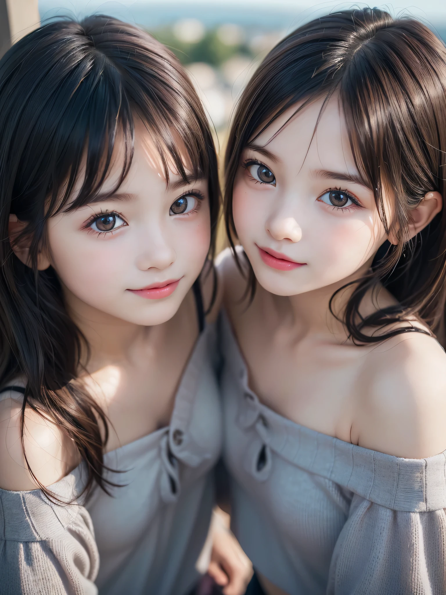 ((2 Little Girls:1.3)), (Ultra Realistic, hight resolution), (Highly detailed eyes, Highly detailed hair, Highly detailed face, Highly detailed plump lips), (off shoulder with open breasts), breasts, Upper body, Search Smile, (Best Quality:1.4), Raw photo, (Realistic, photo-Realistic:1.37), Professional Photography, Cinematic Light, (Fine face: 1.2), (View from above),