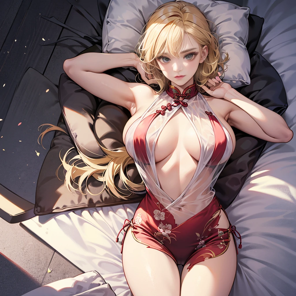 Look at this, An attractive blonde young woman, torn underdressing almost like a scrap, bigger, skin tight, soft looking bigger, Crotch Spread Wide, The shape of the tip can be seen, ssee-through, Dantian is clearly visible, underdressing, Lie down in bed,Transparent Bikini Cheongsam Bikini Cheongsam,在Crotch Spread Wide