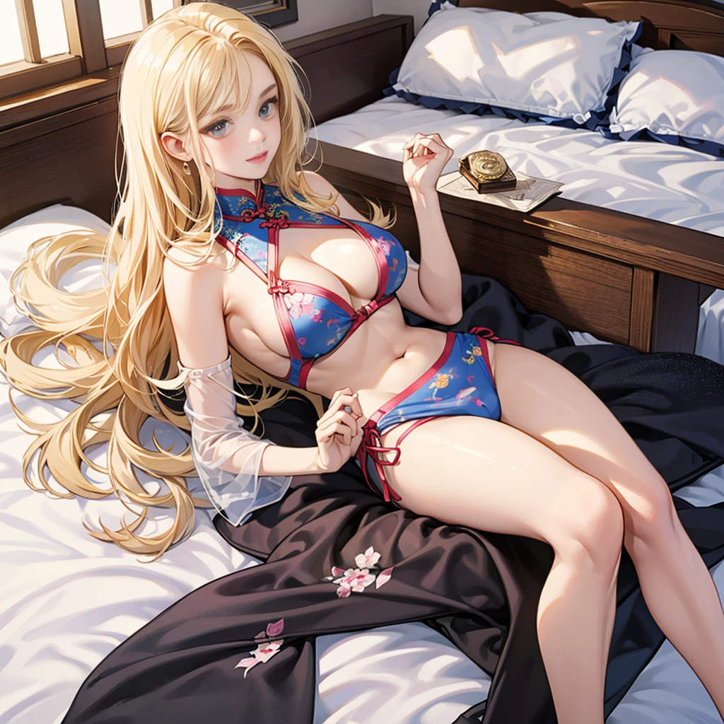 Look at this, An attractive blonde young woman, torn underdressing almost like a scrap, bigger, skin tight, soft looking bigger, Crotch Spread Wide, The shape of the tip can be seen, ssee-through, Dantian is clearly visible, underdressing, Lie down in bed,Transparent Bikini Cheongsam Bikini Cheongsam,在Crotch Spread Wide