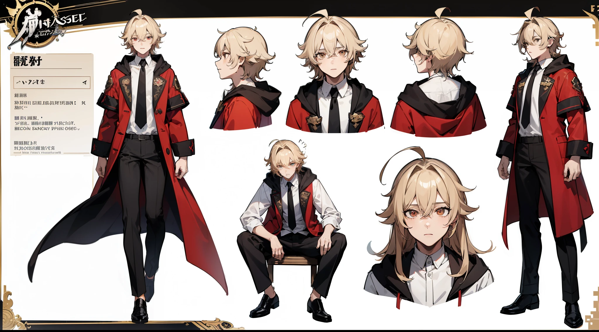 ((Masterpiece, highest quality)), detailed face, character sheet, Full body, full of details, multiple poses and expressions, highly detailed, depth, many parts, 1boy, young male, black loose pants, white shirt, red hooded jacket, long sleeves, curtained hair, messy hair, medium blond hair, hair intakes, ahoge,