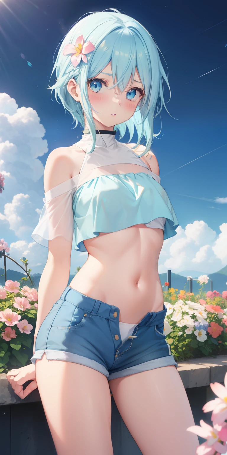 realistic, Aqua Konosuba, light blue hair, blue eyes, bright eyes, cropped top, perfect belly, ripped short shorts, perfect legs, parted lips, blush, night, flowers, sun, sunlight.