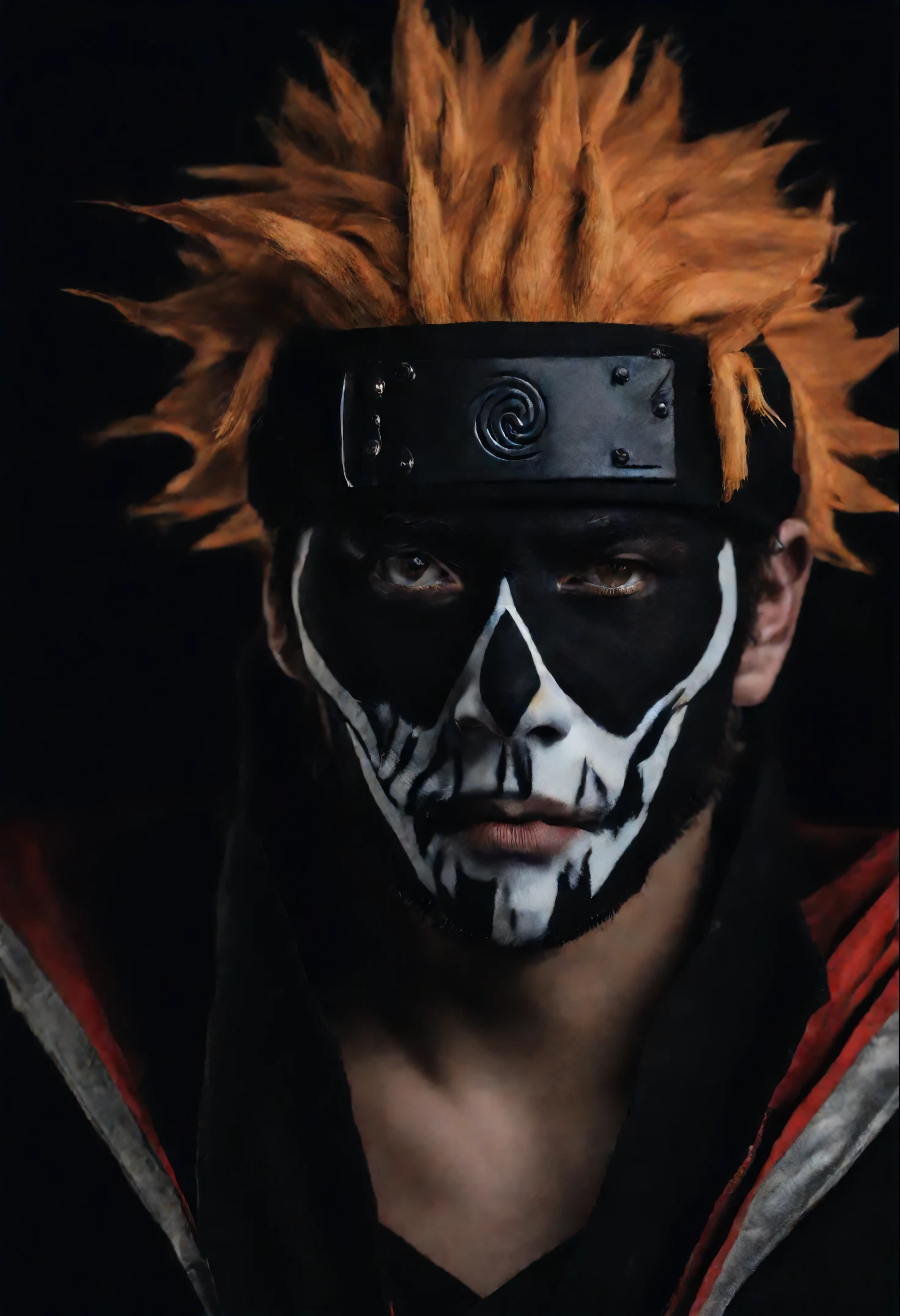 a man wearing a costume from a naruto character, half skull makeup, black background, Original photo, realistic, 4K, HD