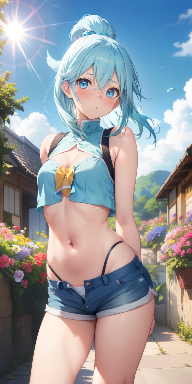 realistic, Aqua Konosuba, light blue hair, blue eyes, bright eyes, cropped top, perfect belly, ripped short shorts, perfect legs, parted lips, blush, night, flowers, sun, sunlight.