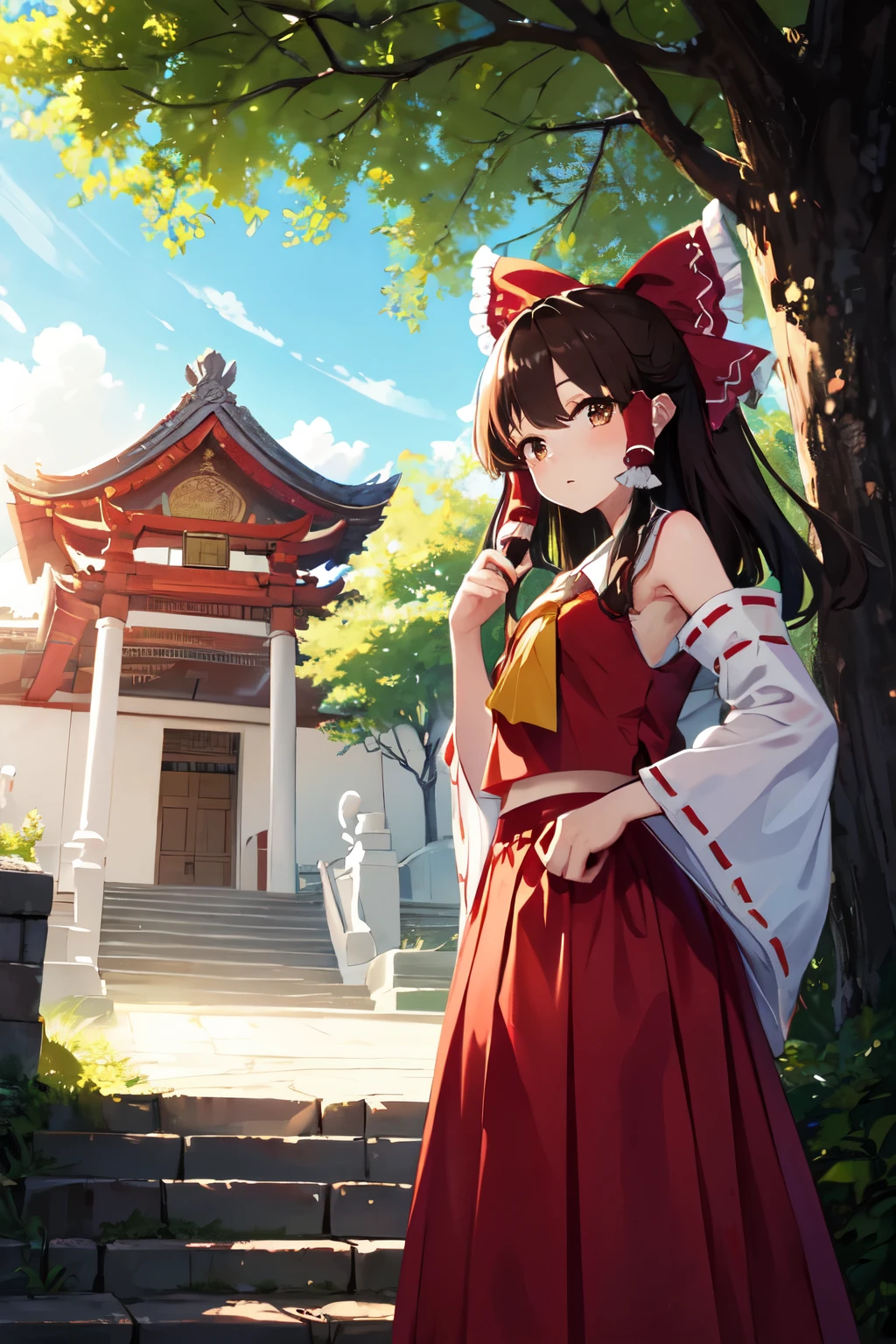 detailed background, masterpiece, best quality, 1girl, hakurei reimu, brown hair, hair tubes, hair ribbon, brown eyes, touhou project, temple, stairs, clound, blue sky, tree