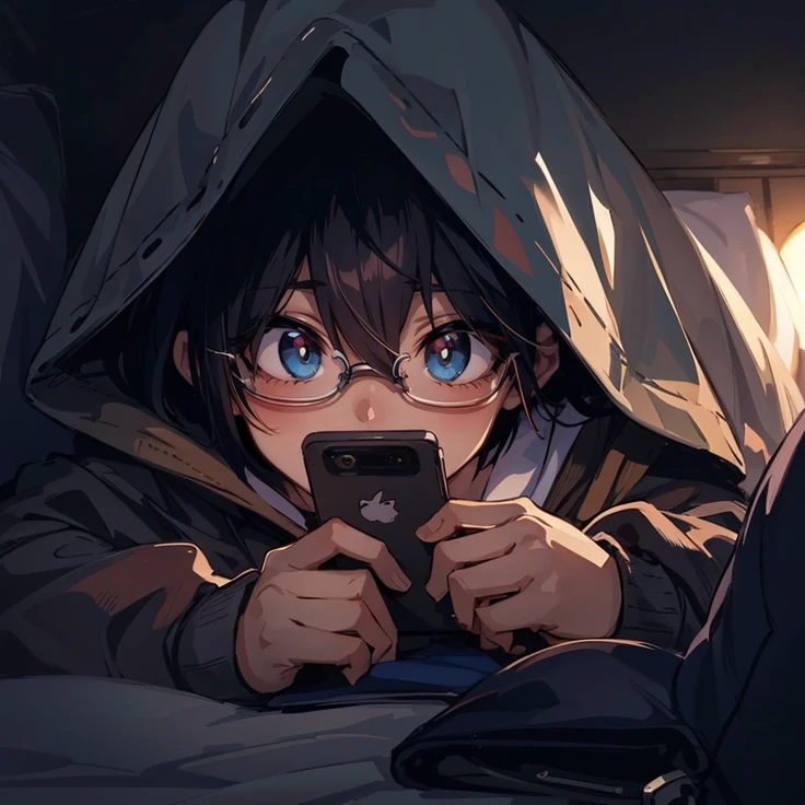 anime boy with blue eyes and black glasses lying in bed and hoodie looking at his phone, artwork in the style of guweiz, anime wallaper, anime picture, 4k anime wallpaper, 4 k manga wallpaper, anime art wallpaper 8 k, anime wallpaper 4k, anime wallpaper 4 k, anime art wallpaper 4 k, anime art wallpaper 4k, hd anime wallaper, digital anime illustration