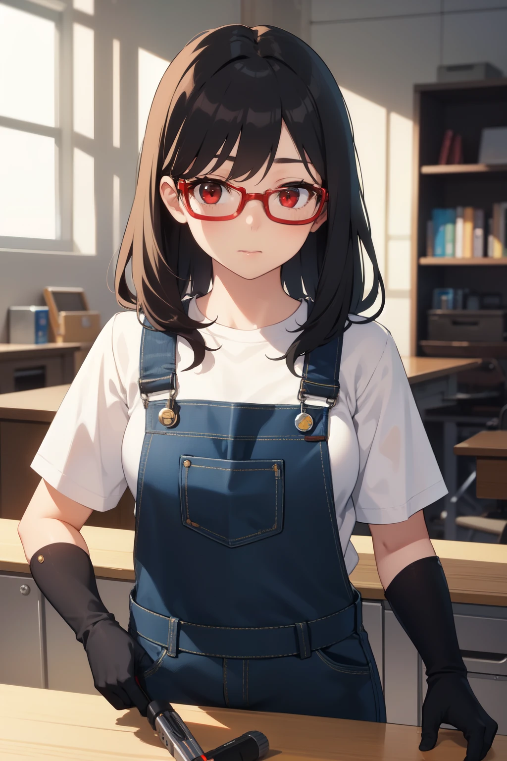 ((best quality)), ((masterpiece)), (detailed), perfect face, long black hair, red eyes, wearing denim overalls and black gloves, working as mechanic, wearing glasses, leaning on the desk, holding a screwdriver,