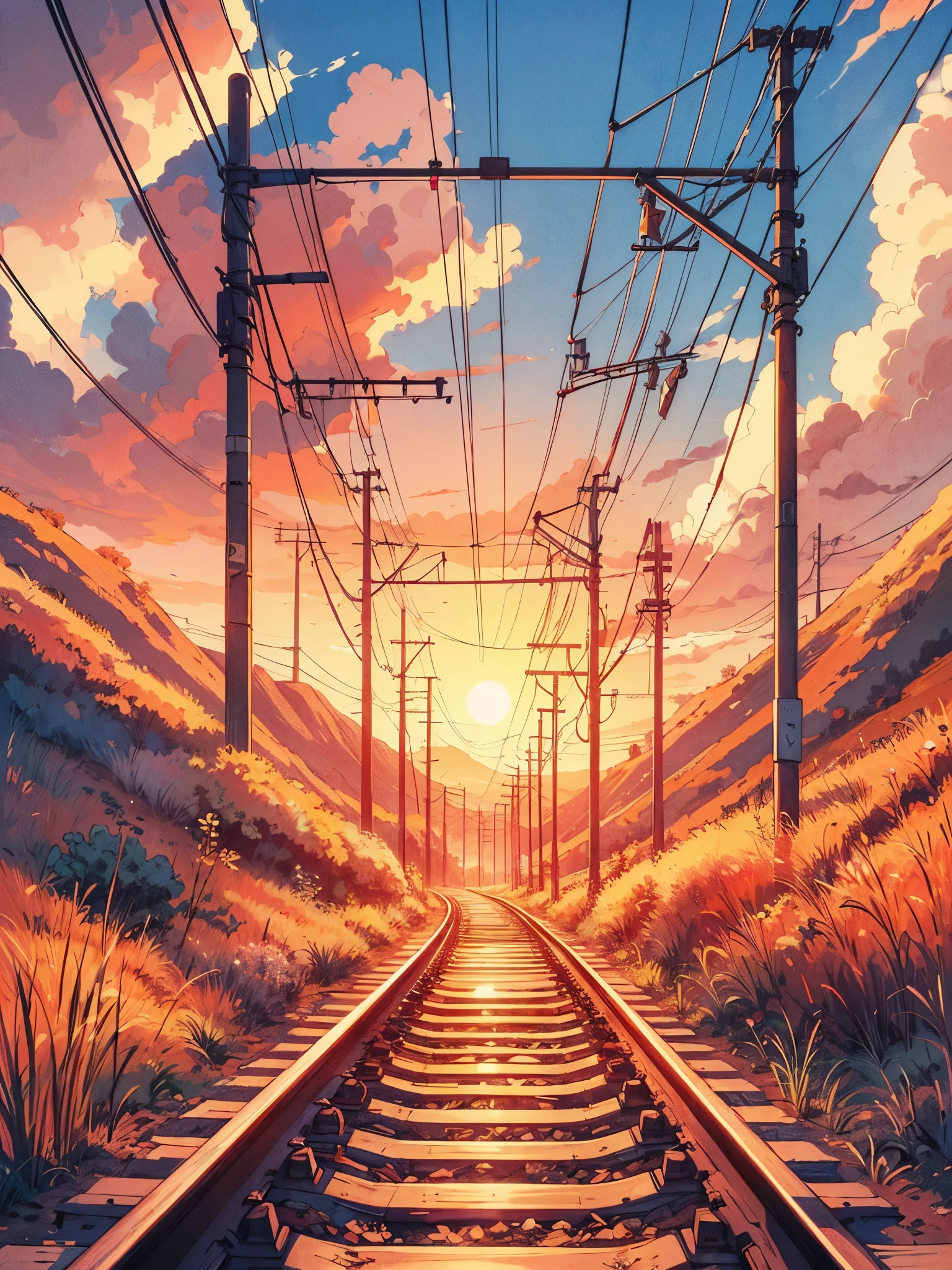 Draw an digital simple anime art of wide lofi scene of railway track through the uphill desert, sunset, poles ans wires trails, ambient dim light, beautiful cloudy sky, vibrant color tones, masterpiece, peaceful scene