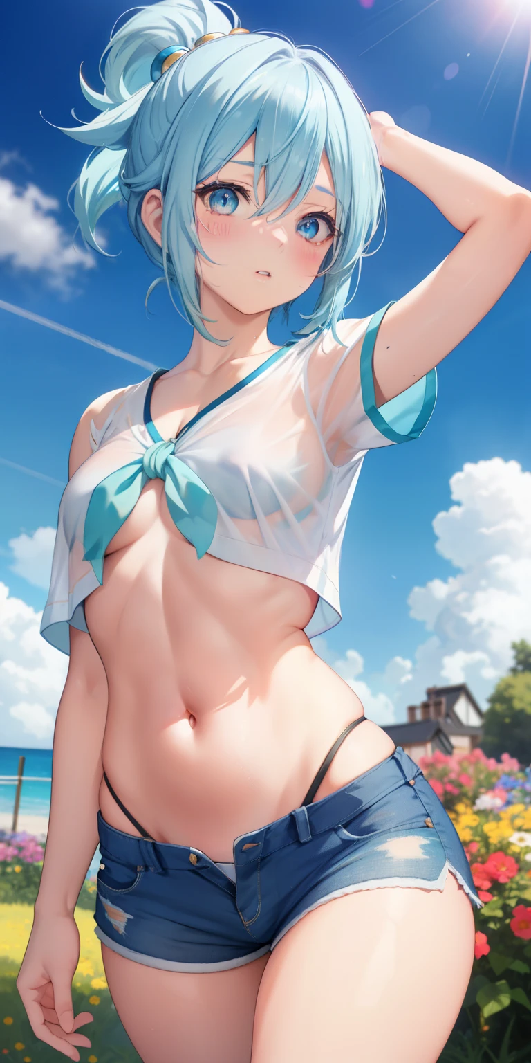 realistic, Aqua Konosuba, light blue hair, blue eyes, bright eyes, cropped top, perfect belly, ripped short shorts, perfect legs, parted lips, blush, night, flowers, sun, sunlight.