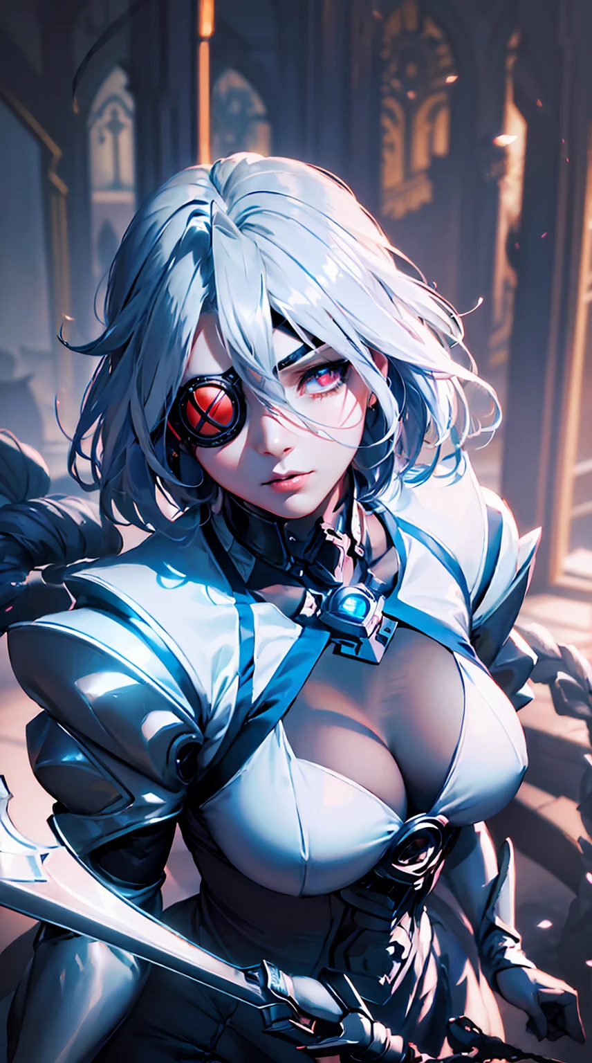 1girl, (detailed eyes, eye patch), (detailed lips), (intense expression), (exquisite face), (mechanical, futuristic armor), (summoning a giant sword), (in a dark temple), (majestic atmosphere), (masterpiece:1.2), (ultra-detailed), (realistic:1.37), (studio lighting), (vivid colors), (sharp focus), (mechanical aesthetic), (sci-fi), (dark tones), (mysterious lighting), (high contrast), (dramatic shadows), (metallic textures), (elegant pose), (intricate detailing), (mesmerizing composition), (dynamic perspective), (powerful stance), (futuristic design), (impressive craftsmanship), (baroque elements), (solemn ambiance), (grandiose setting), (mystical ambiance), (imposing atmosphere), (ethereal aura), (captivating presence)，(golden accents)