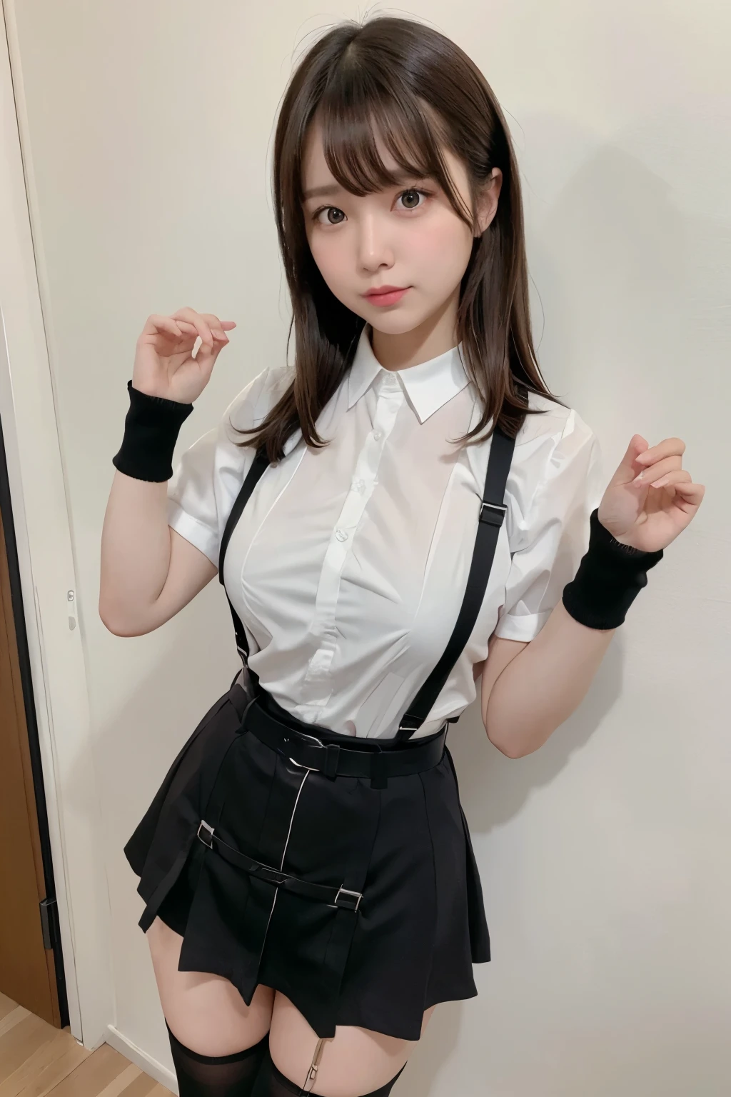 Brown hair、watching at viewers suspenders big breasts Black miniskirt garterbelts knee high socks Gaze Small face bangss Beautuful Women hands up Gaze Black boots Armpit sweat soio Fold your hands behind your back Belt Shirt teats
