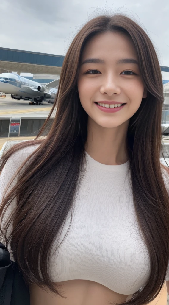 ((top-quality、8K、​masterpiece:1.3))、sharp:1.2、Perfect Body Beauty:1.4、Slim abs:1.2、((Colossal tits:1.2))、(dressed casually:1.1)、(Airport rooftop、Planes:1.2)、Beautiful face、Wavy Hair、Highly detailed facial and skin texture、A detailed eye、二重まぶた、Aspect of looking at the camera、A smile