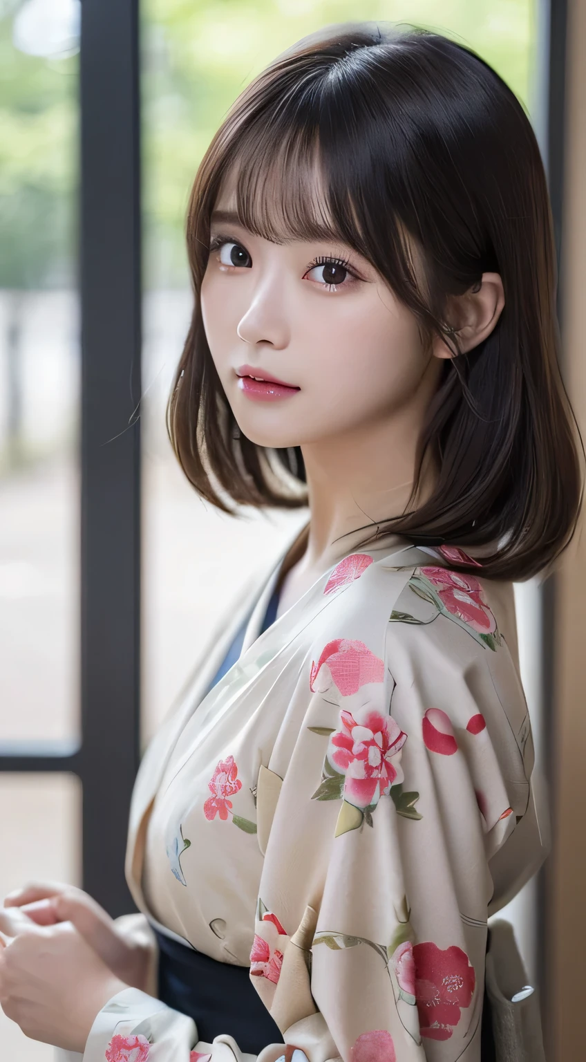 (Kimono)、(33yo)、(top-quality,masterpiece:1.3,超A high resolution,),(ultra-detailliert,Caustics),(Photorealsitic:1.4,RAW shooting,)Ultra-realistic capture,A highly detailed,high-definition16Kfor human skin、 Skin texture is natural、、The skin looks healthy with an even tone、 Use natural light and color、(One Woman)、japanes,,kawaii,A dark-haired,Middle hair,(depth of fields、chromatic abberation、、Wide range of lighting、Natural Shading、)、
