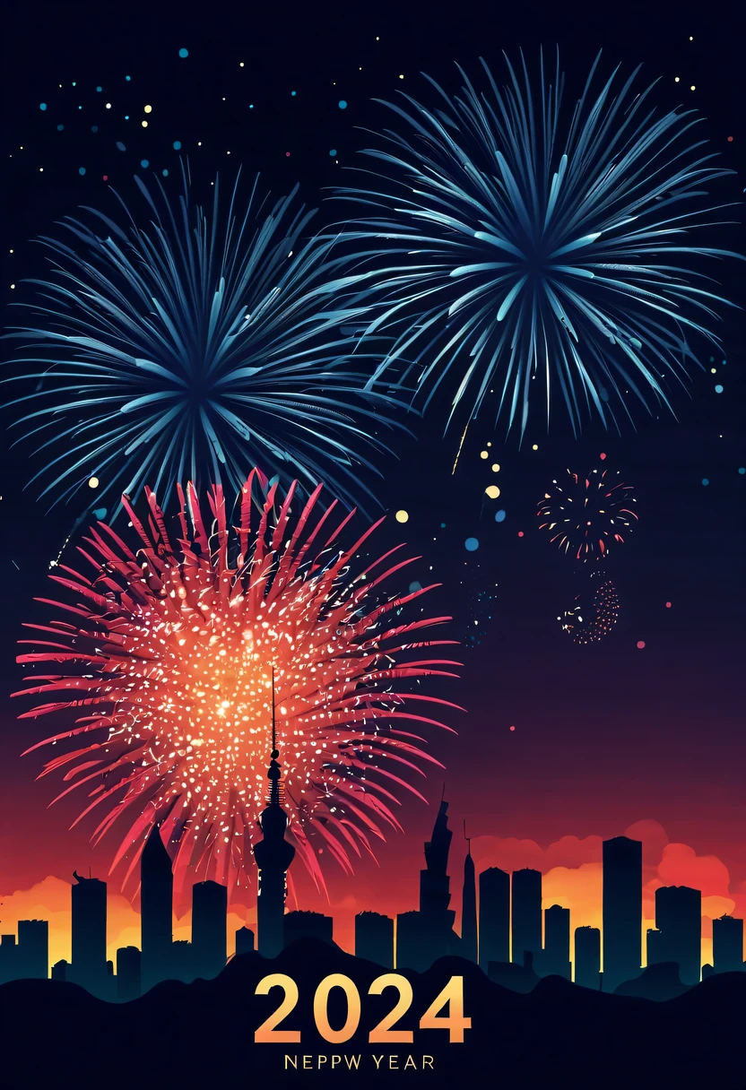 Holiday poster:(2024,new year poster),(new year'New Year's Eve 2024), (fire works:1.2), nigh sky,chinesedragon,maximalist