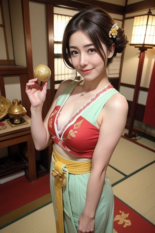 (Turning backwards with both knees:1.5)、(hightquality、hight resolution、detaileds、masterpiece)、(There are beautiful mature women)、(Looking at the camera:1.2)、With smiling eyes、(Japanese style hairstyle with a beautiful hairpin)、(Bright blonde hair)、(being thin:1.2)、(Small:1.2)、(Japanese-style bra and thong with large decorations:1.2)、(Garter belt with collar, bangles, and Japanese-style decorations:1.2)、(holding a golden dragon in both hands)、The pose is so cute and nice、(I am visiting a shrine for New Year's visit in the middle of the day in a crowded place.:1.2)