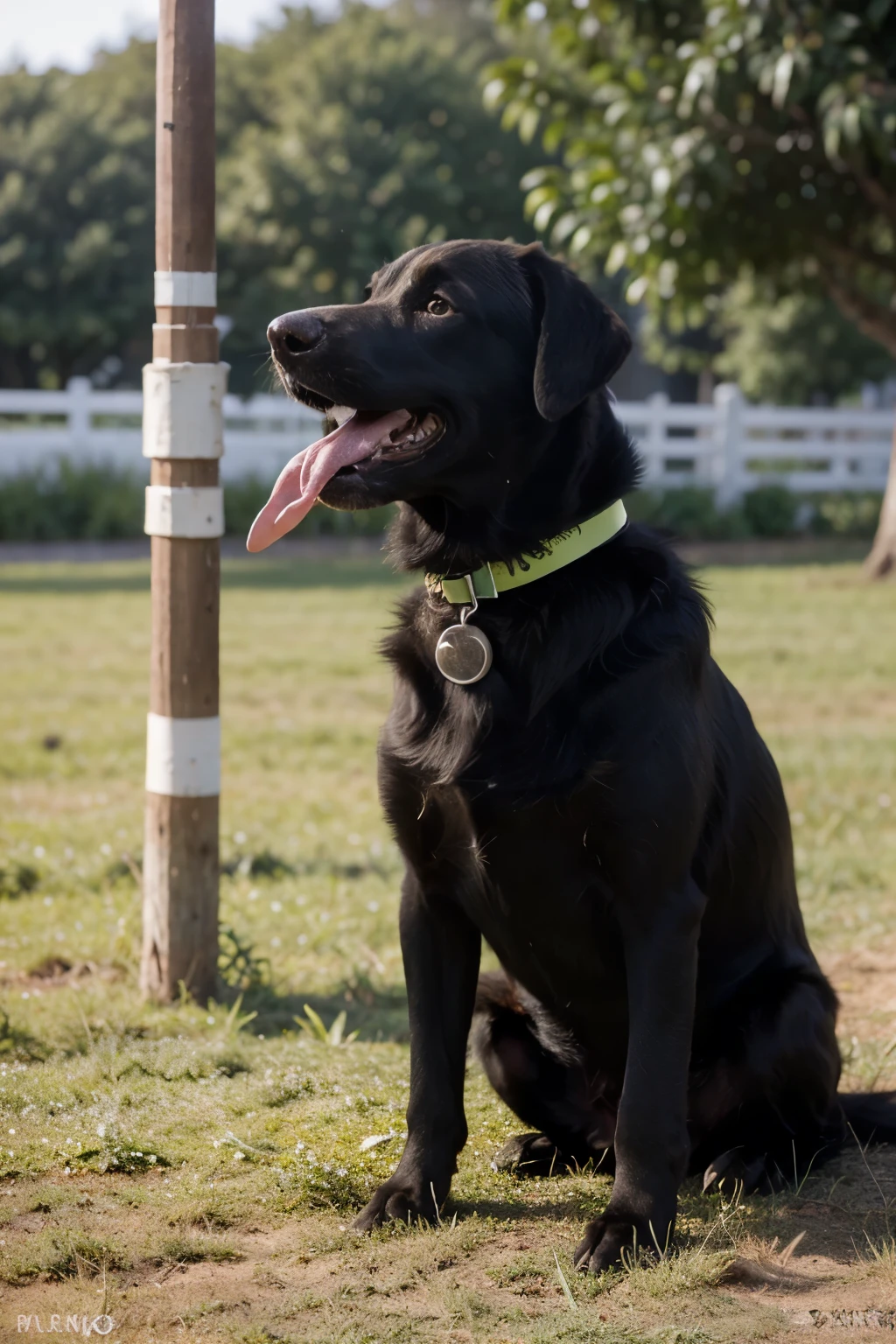 Create a picture of a black Labrador hunting dog with a green collar and a stick in his mouth who is very happy standing in a pasture with cows around him. He should look at me. The collar should be made of faux leather and light green and the colors more vibrant. This should be a Be a collar He should have two brown eyes that sparkle The collar should be light green He should be happy He should weigh a little more