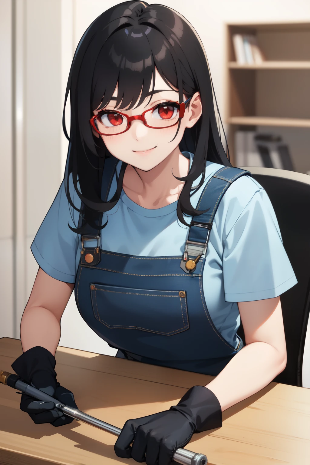 ((best quality)), ((masterpiece)), (detailed), perfect face, long black hair, red eyes, wearing denim overalls and black gloves, working as mechanic, wearing glasses, leaning on the desk, holding a screwdriver, smiling, blushing