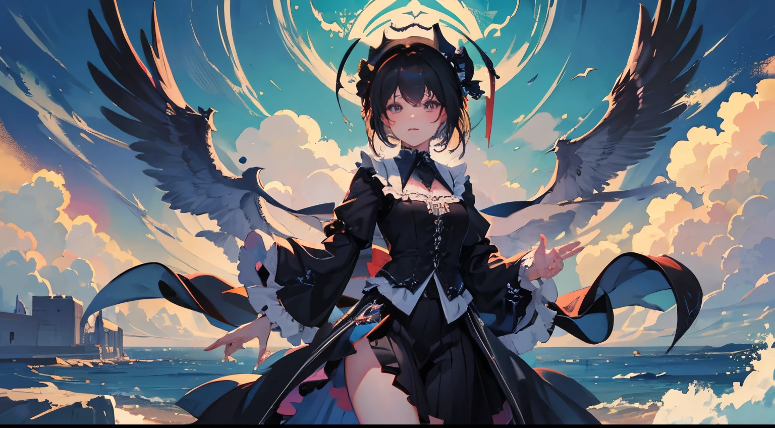 masterpiece, sky, cloud, gothic mansion, seashore, 1girl, magician girl, magician hats, full black vest costume, visible torso, elegant and masquerade, gothic, strong pose