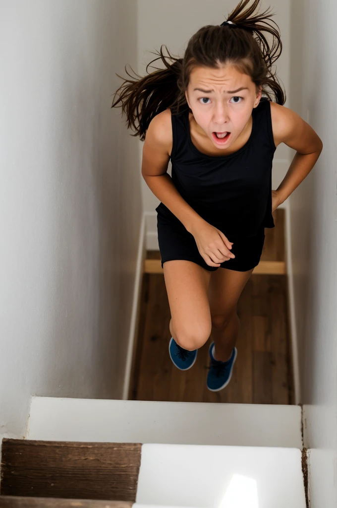 Girl terrified and running upstairs
